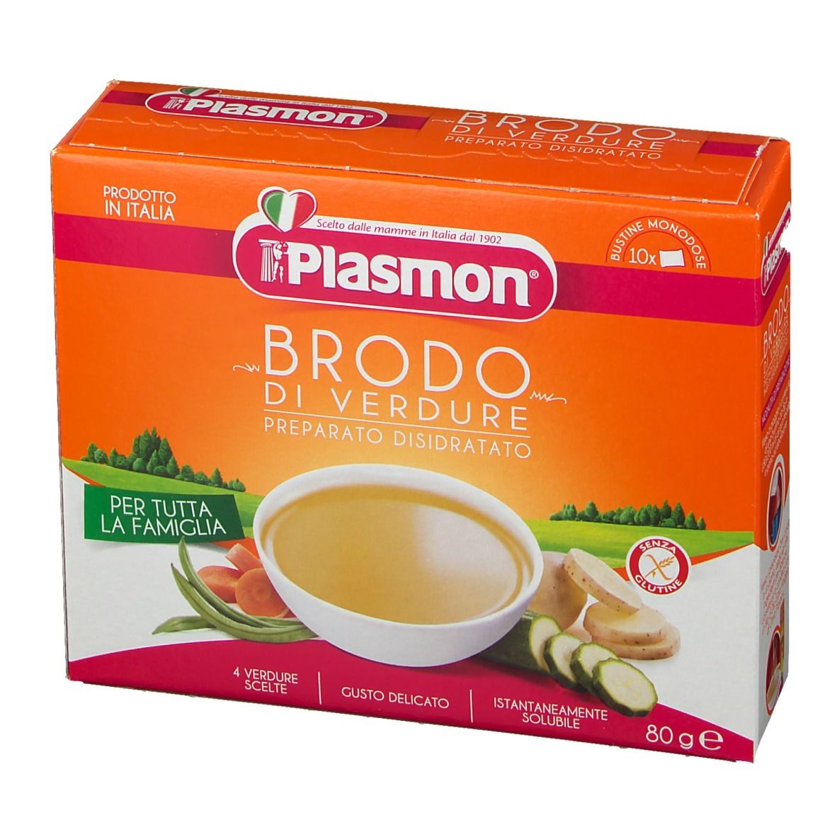 Orangefarbene Verpackung Plasmon Brodo di Verdure. Abbildung einer Suppe mit Gemüse. Glutenfrei.