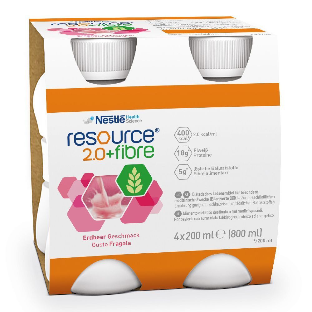 Confezione da 4 bottiglie Nestle Resource 2.0+ fibre. Gusto fragola. Contiene fibre.