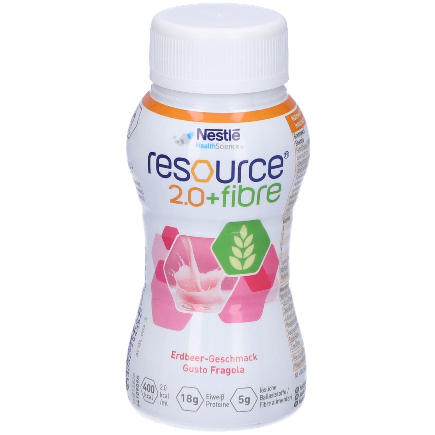 Bottiglia Nestle Resource 2.0+ fibre. Gusto fragola. Contiene 18g proteine e 5g fibre.