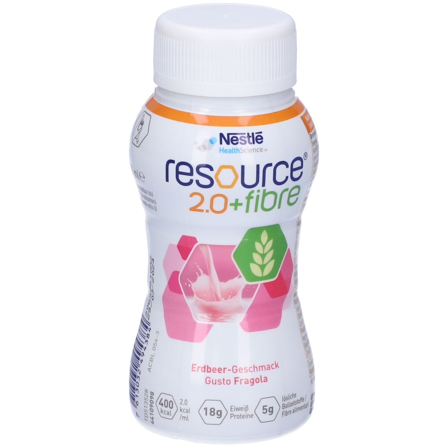 Bottiglia Nestle Resource 2.0+ fibre. Gusto fragola. Contiene 18g proteine e 5g fibre.