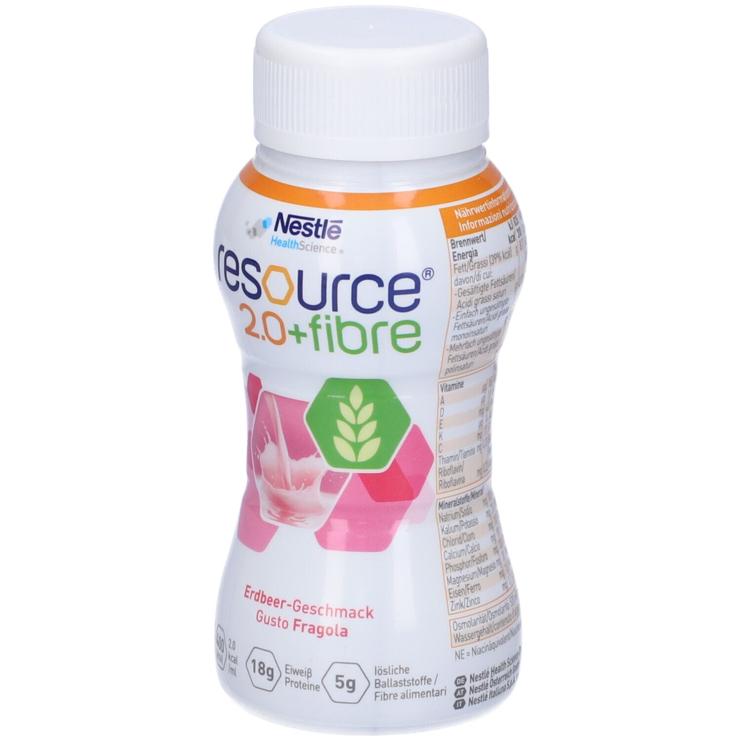 Bottiglia Nestle Resource 2.0+ fibre. Gusto fragola. Contiene 18g proteine e 5g fibre.
