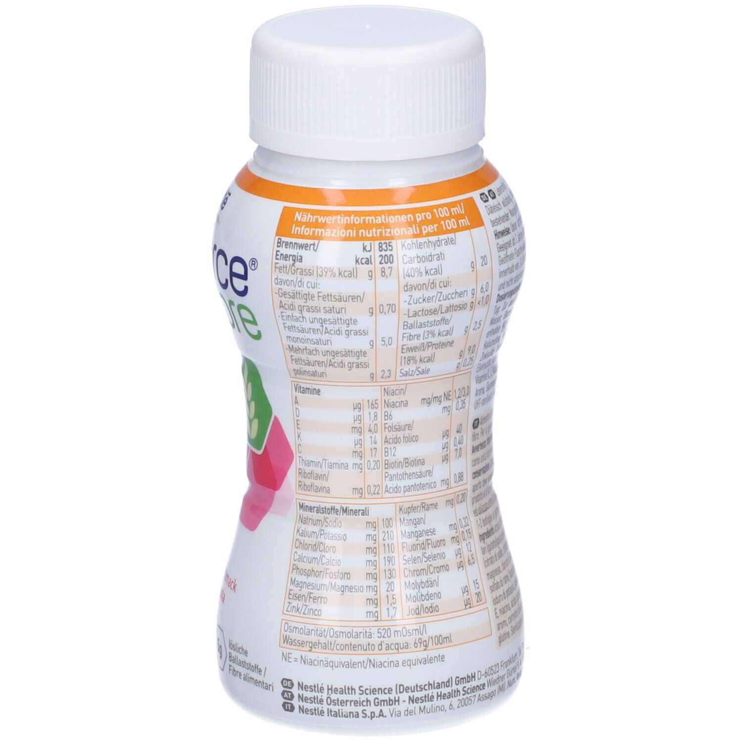 Retro della bottiglia Nestle Resource 2.0+ fibre. Contiene informazioni nutrizionali per 100 ml.