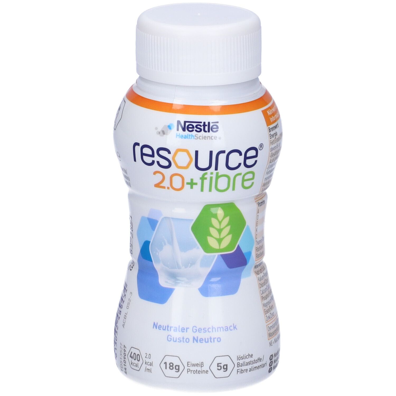 Bottiglia bianca Nestlé Health Science RESOURCE 2.0+fibre, gusto neutro. Tappo bianco, elementi blu e verdi.
