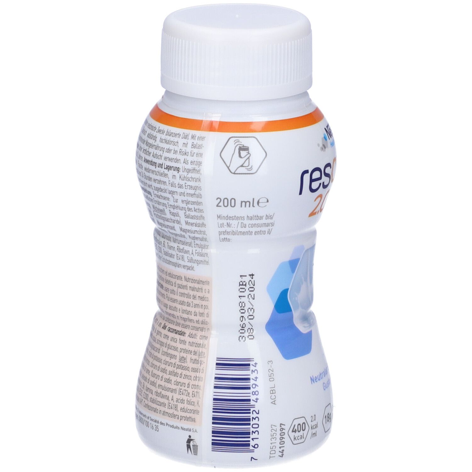 Retro bottiglia Nestlé Health Science RESOURCE 2.0+fibre. Informazioni e codice a barre. Tappo bianco.