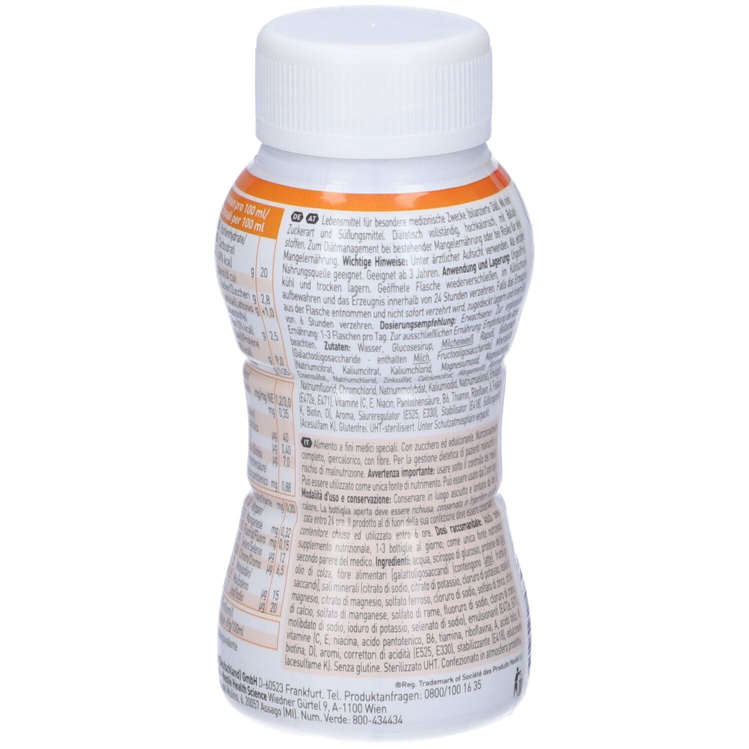 Retro bottiglia Nestlé Health Science RESOURCE 2.0+fibre. Contiene informazioni. Tappo bianco.