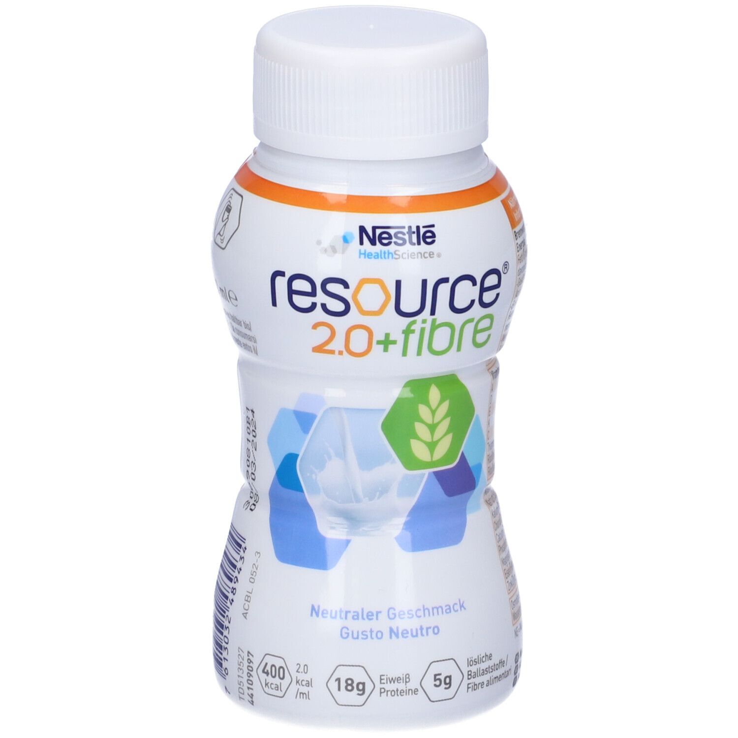 Bottiglia bianca Nestlé Health Science RESOURCE 2.0+fibre, gusto neutro. Tappo bianco, elementi blu e verdi.