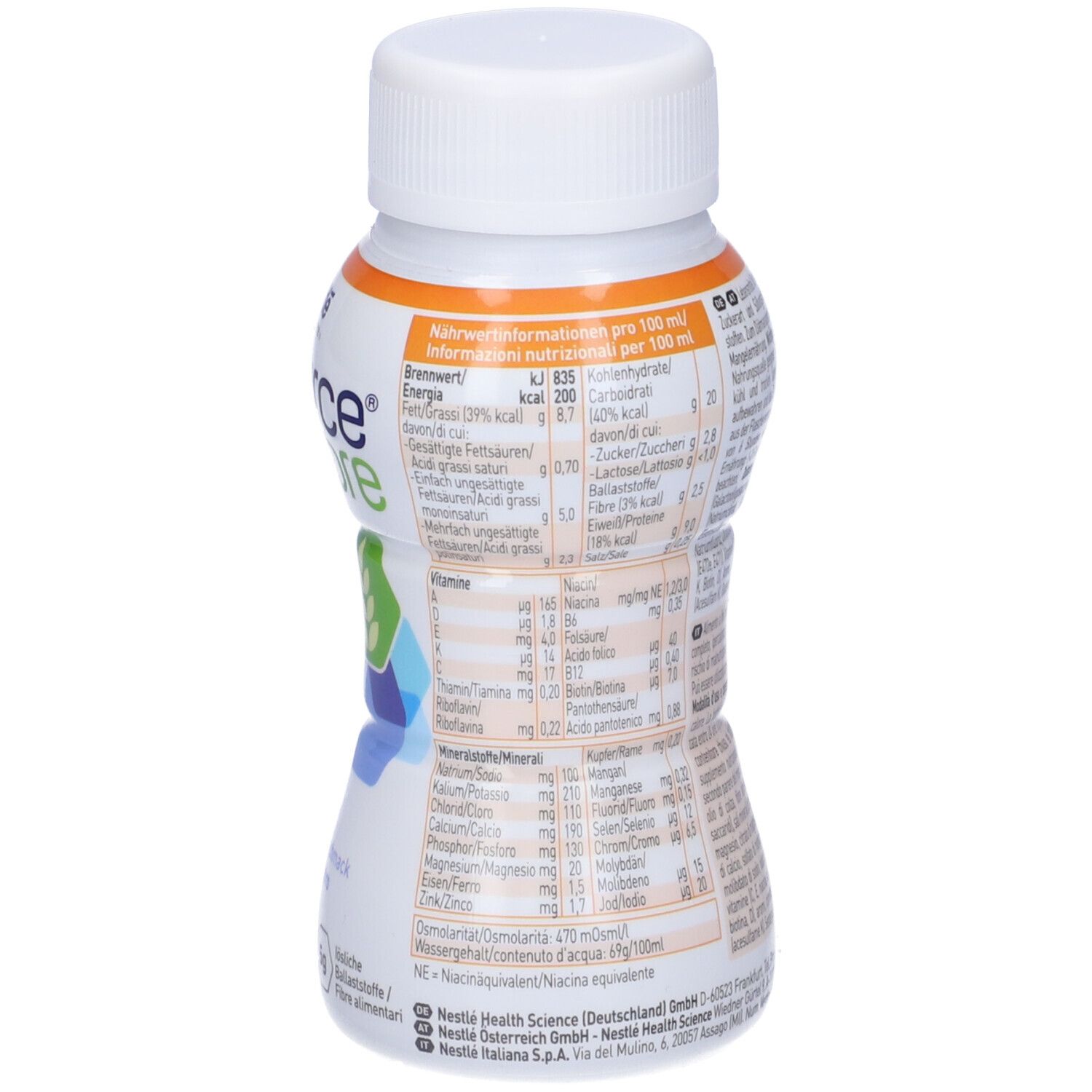 Retro bottiglia Nestlé Health Science RESOURCE 2.0+fibre. Informazioni nutrizionali. Tappo bianco.