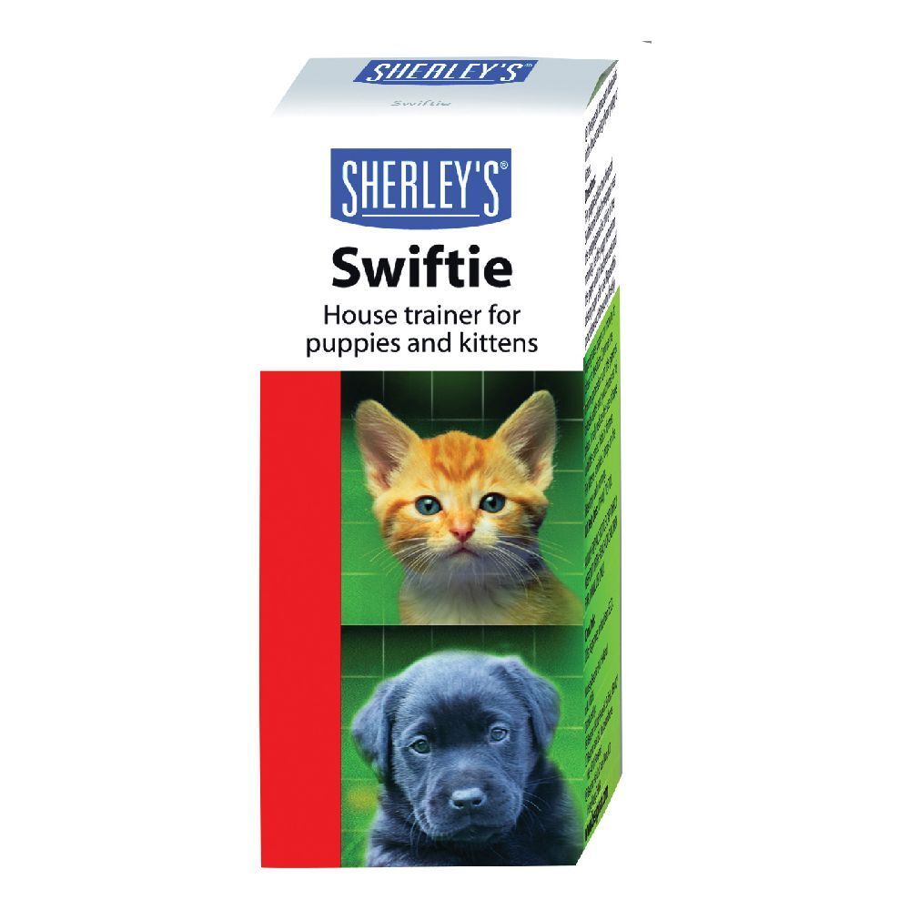 Confezione Swiftie. Marchio Sherley's. Immagini di gattino e cucciolo. Testo: House trainer for puppies and kittens.
