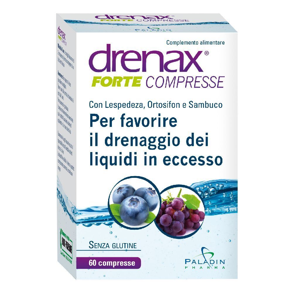 Scatola di "drenax FORTE compresse" con 60 compresse. Immagini di mirtilli e uva.