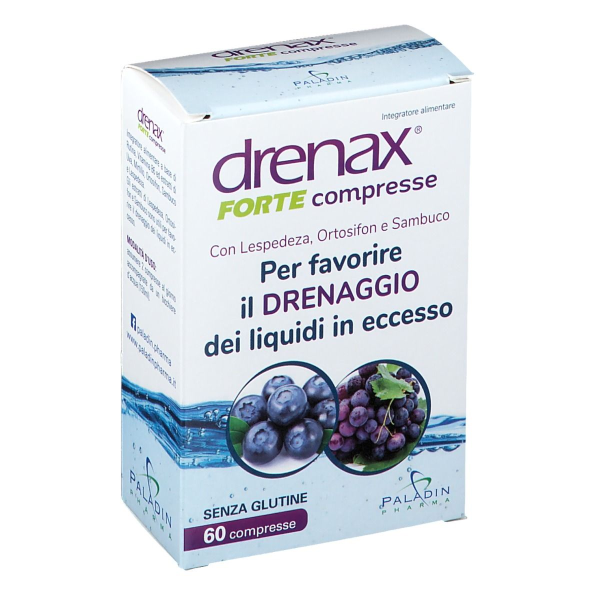 Scatola "drenax FORTE compresse" con 60 compresse. Mirtilli e uva. "Senza glutine".