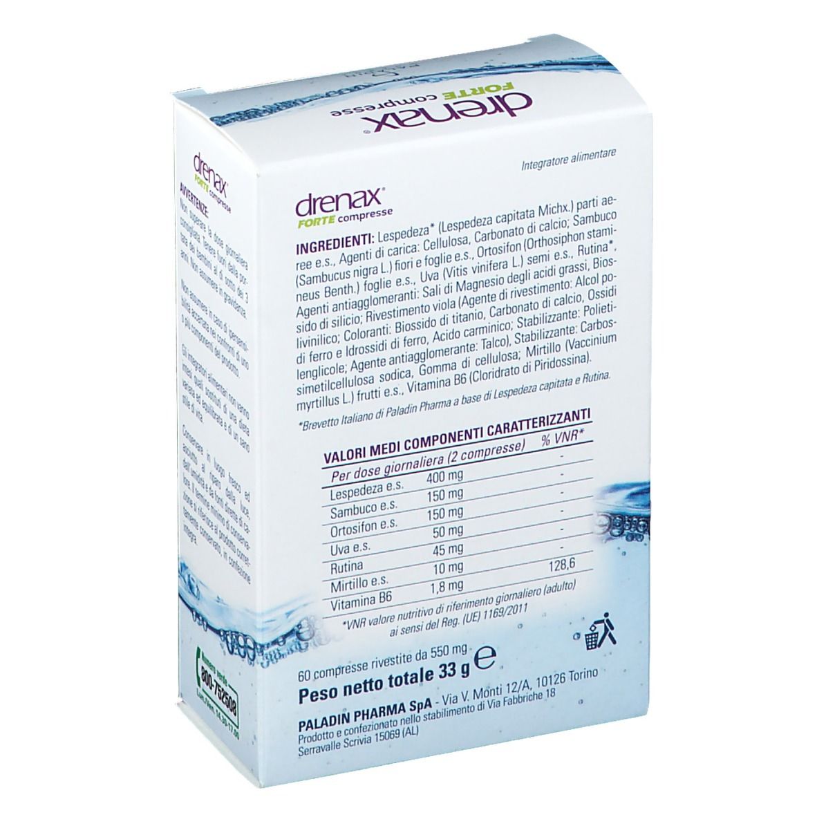 Retro della scatola "drenax FORTE compresse". Ingredienti e informazioni nutrizionali.