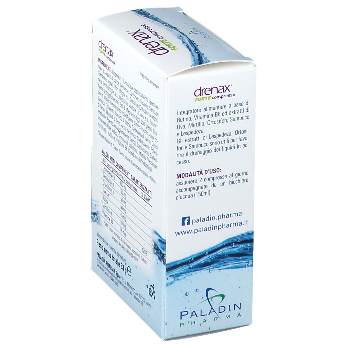 Scatola "drenax FORTE compresse". Retro con istruzioni per l'uso e ingredienti.