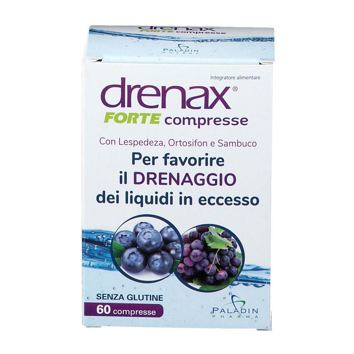 Scatola "drenax FORTE compresse" con 60 compresse. Immagini di mirtilli e uva.