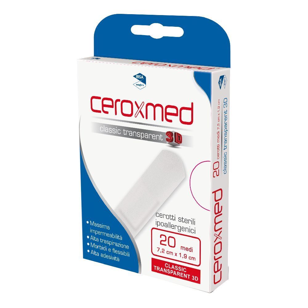 Confezione di cerotti Ceroxmed classic transparent 3D. Contiene 20 cerotti medi, 7,2 cm x 1,9 cm. Scritta: sterili, ipoallergenici.