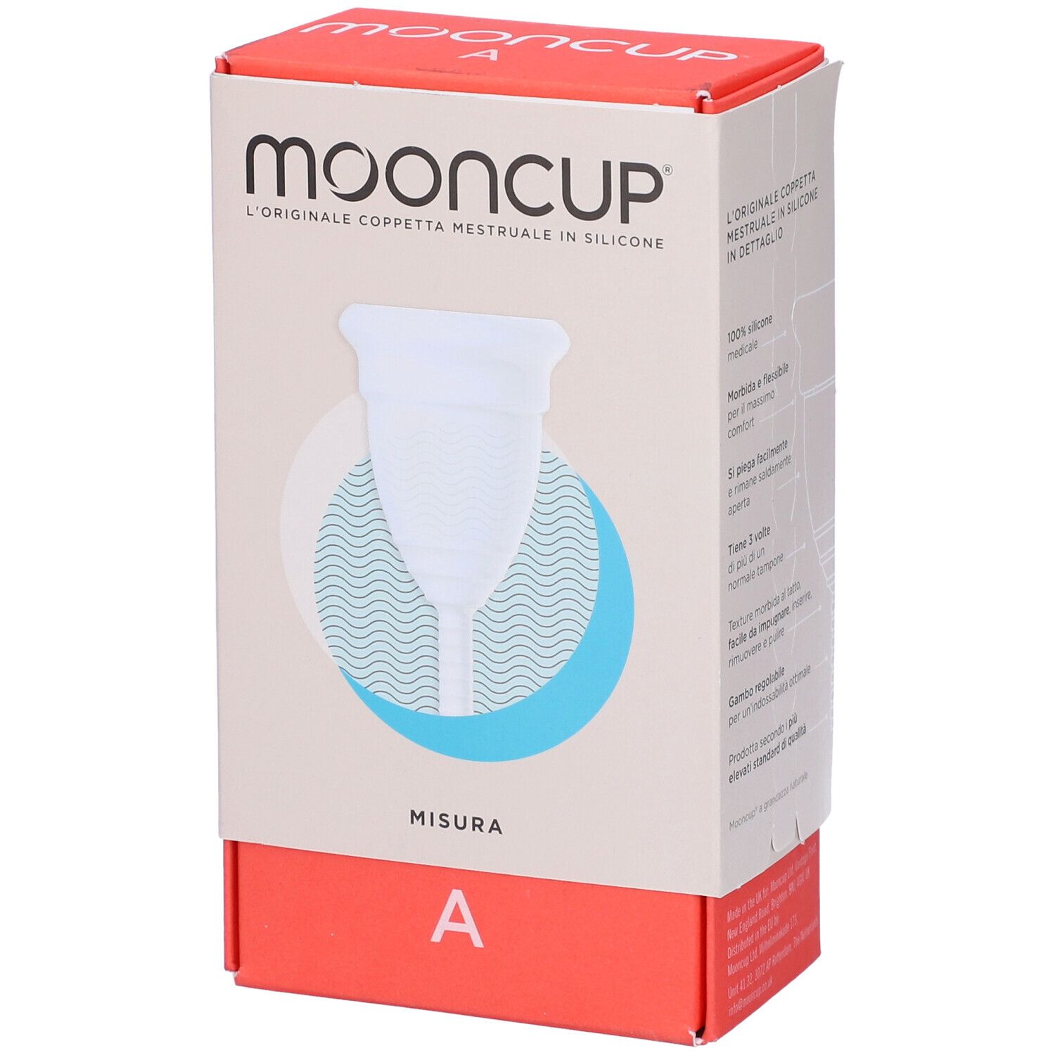 Confezione con coppetta mestruale. Stampa: Mooncup, taglia A. La coppetta è bianca e raffigurata sulla confezione.