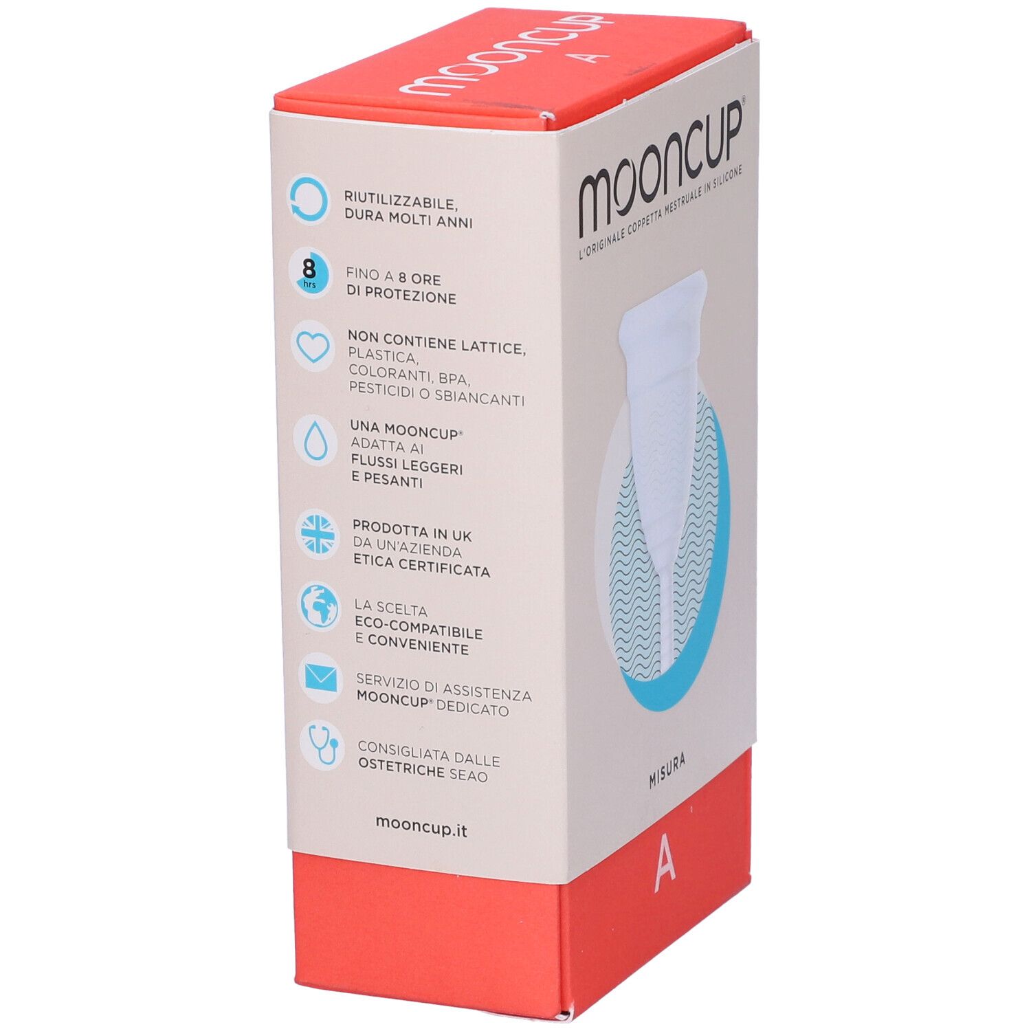 Confezione con informazioni sul prodotto. Stampa: Mooncup, taglia A. Testo in italiano. Illustrazioni di icone.