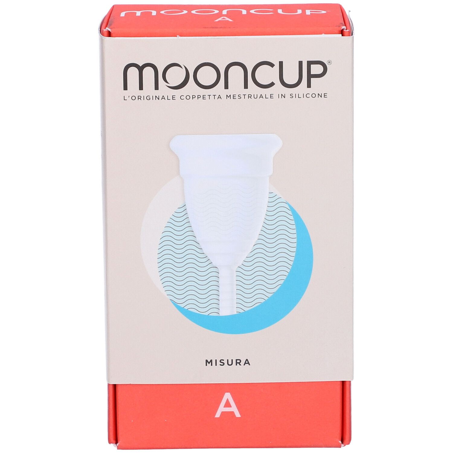 Confezione con coppetta mestruale. Stampa: Mooncup, taglia A. La coppetta è bianca e raffigurata sulla confezione.