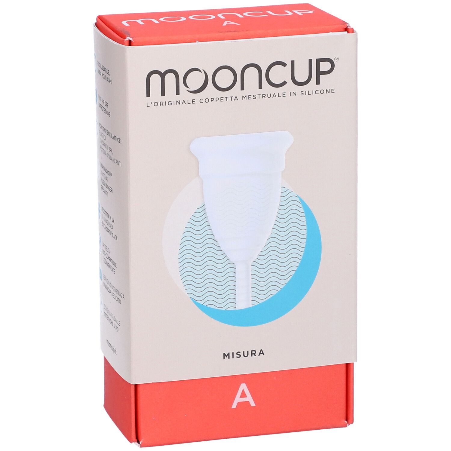 Confezione con coppetta mestruale. Stampa: Mooncup, taglia A. La coppetta è bianca e raffigurata sulla confezione.