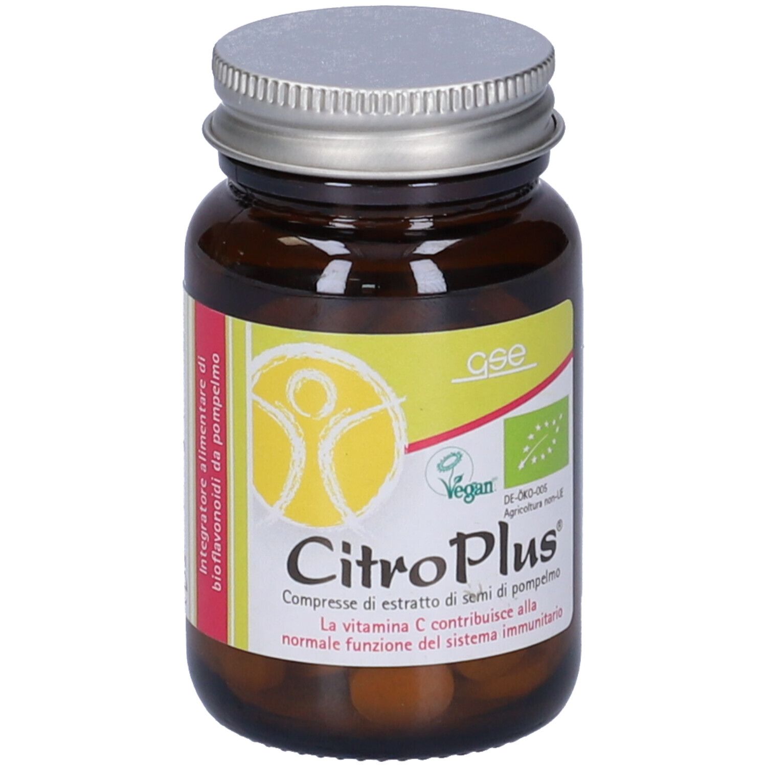 Flacone di vetro marrone con tappo argentato. Etichetta con nome CitroPlus e marchio Vegan. Contiene compresse.