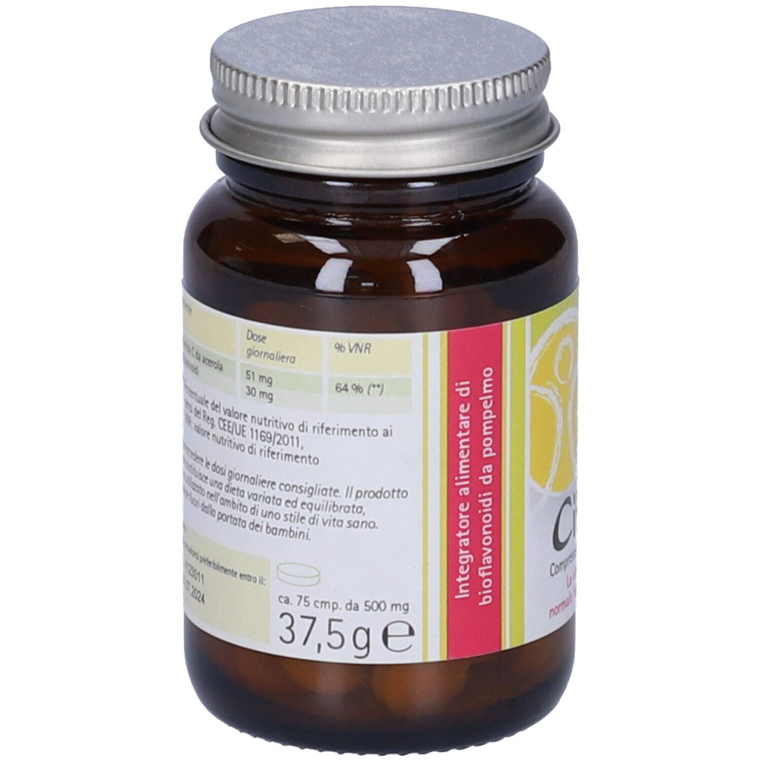 Flacone di vetro marrone con tappo argentato. Retro con informazioni nutrizionali e testo. Contiene compresse.