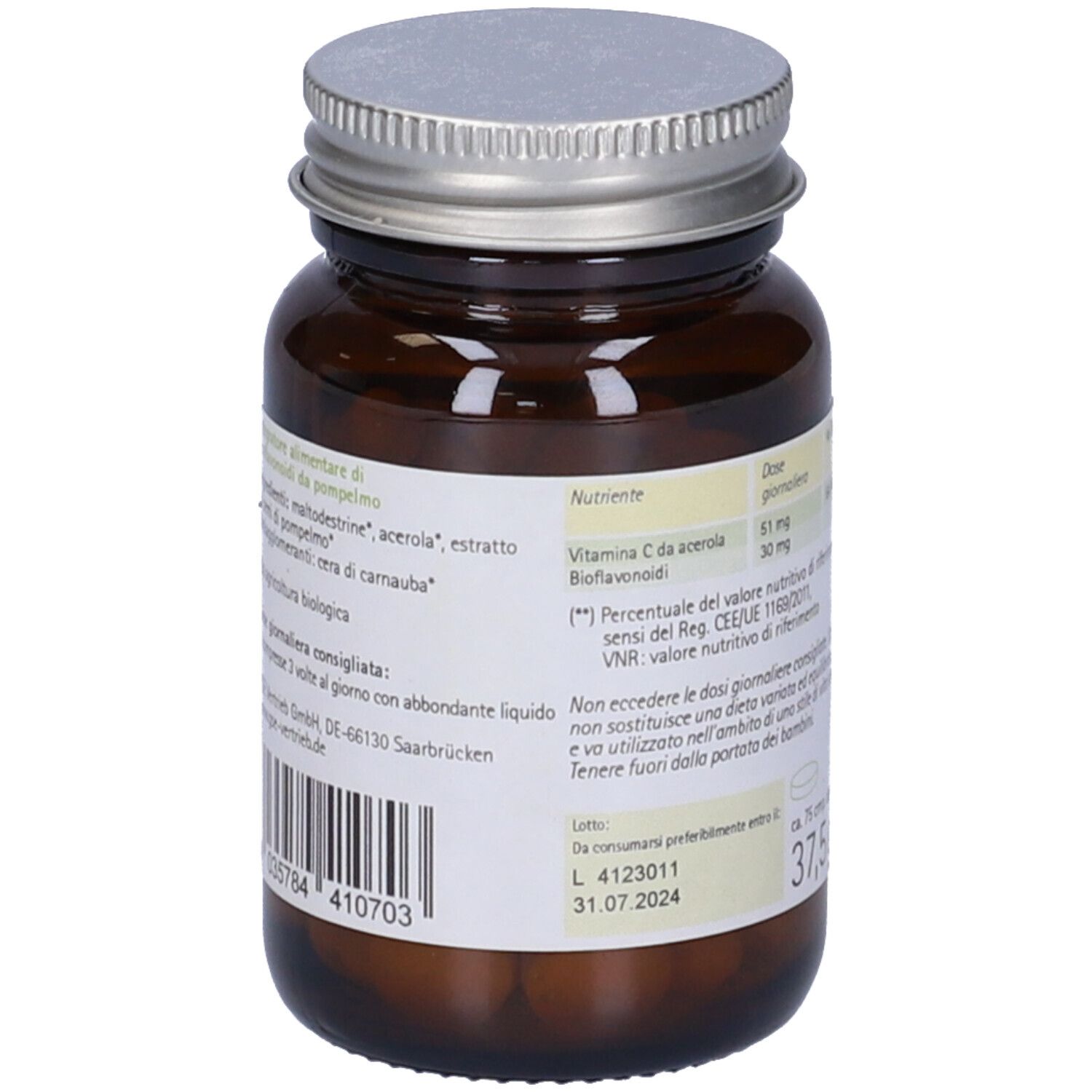 Flacone di vetro marrone con tappo argentato. Retro con ingredienti, testo e codice a barre. Contiene compresse.