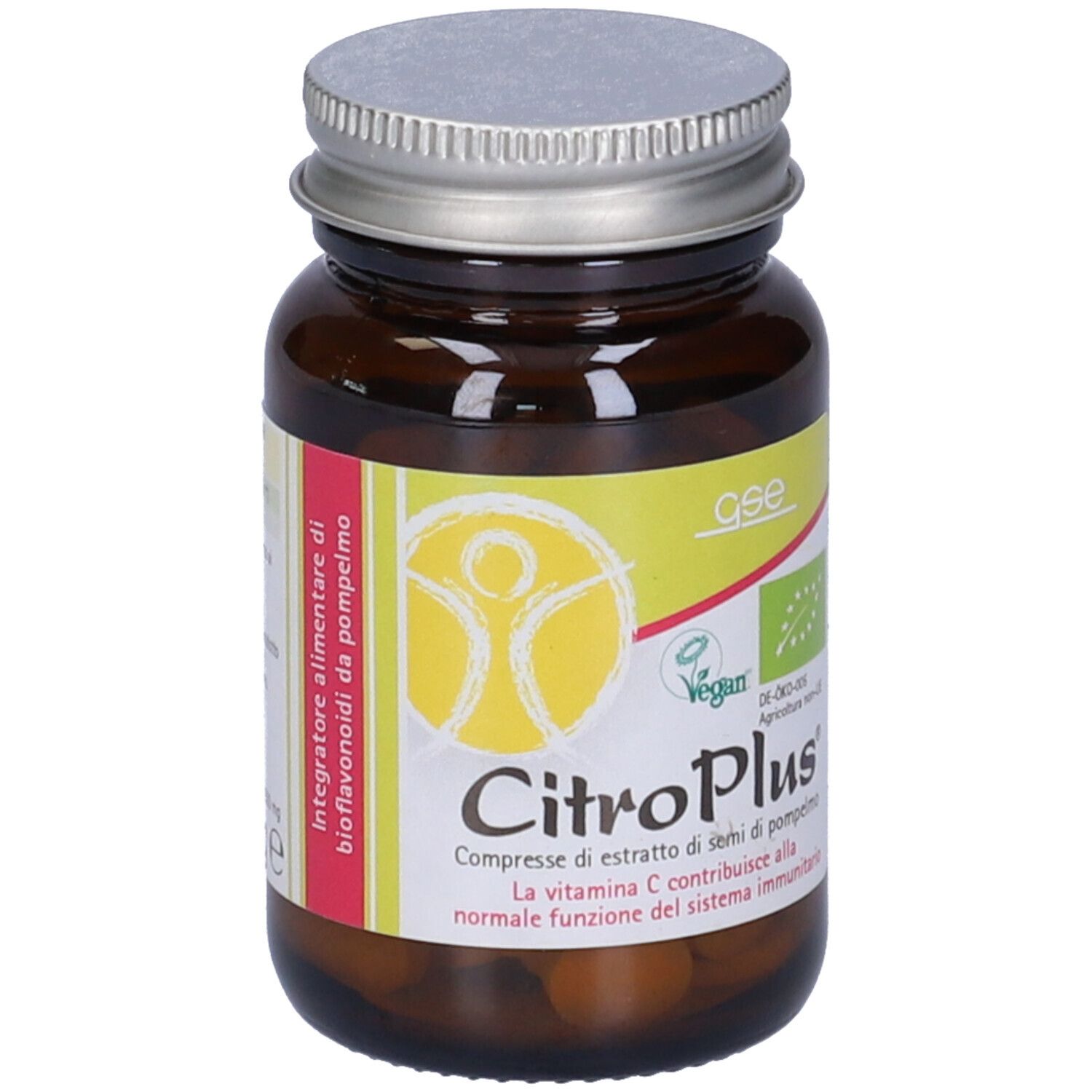 Flacone di vetro marrone con tappo argentato. Etichetta con nome CitroPlus e marchio Vegan. Contiene compresse.