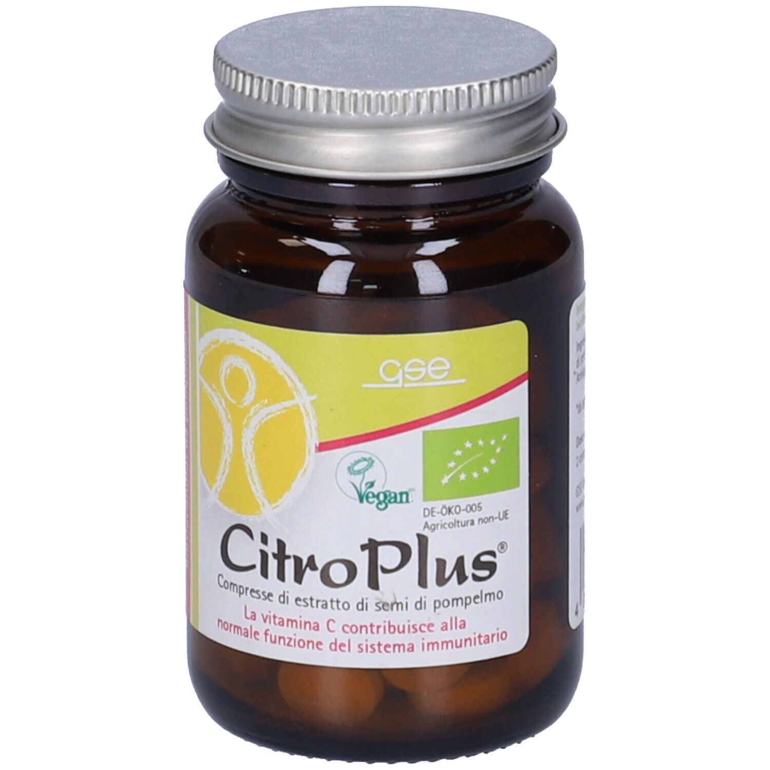 Flacone di vetro marrone con tappo argentato. Etichetta con nome CitroPlus e marchio Vegan. Contiene compresse.