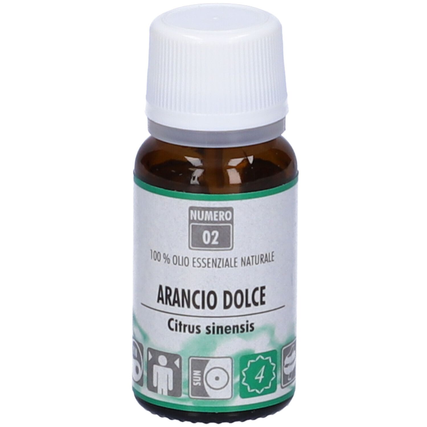Flacone vetro marrone, tappo bianco. Scritto: Arancio Dolce, Numero 02. 100% olio essenziale naturale.