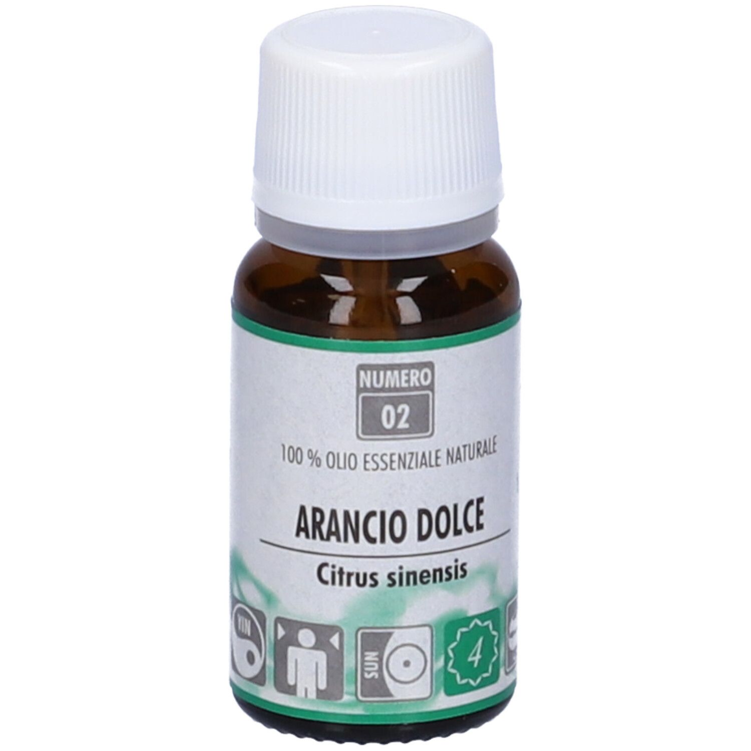 Flacone vetro marrone, tappo bianco. Scritto: Arancio Dolce, Numero 02. 100% olio essenziale naturale.