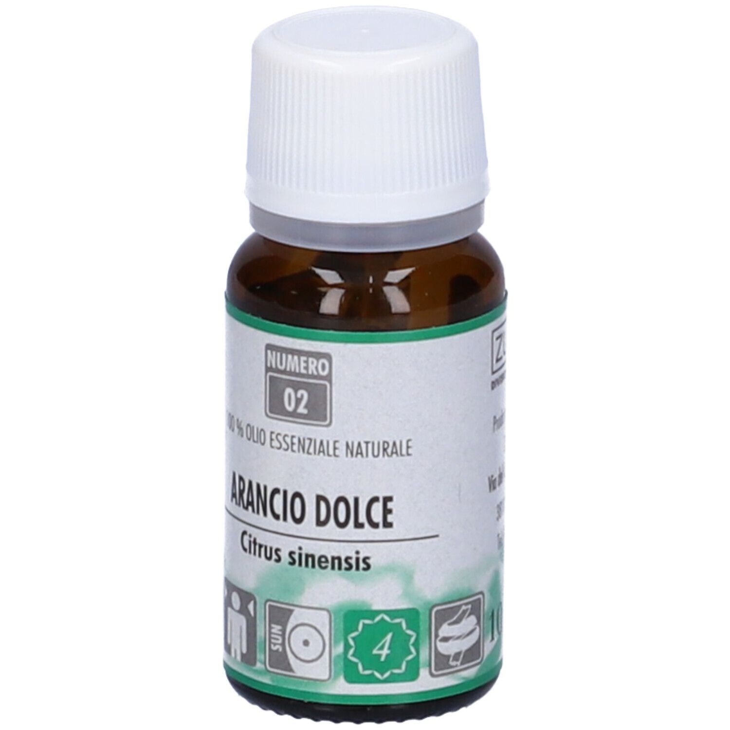 Flacone vetro marrone, tappo bianco. Scritto: Arancio Dolce, Numero 02. 100% olio essenziale naturale.