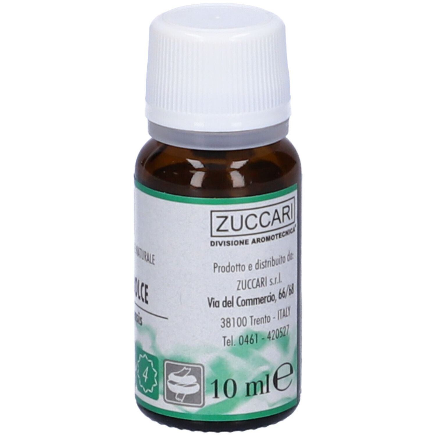 Flacone vetro marrone, tappo bianco. Scritto: Arancio Dolce. Indirizzo e 10 ml.