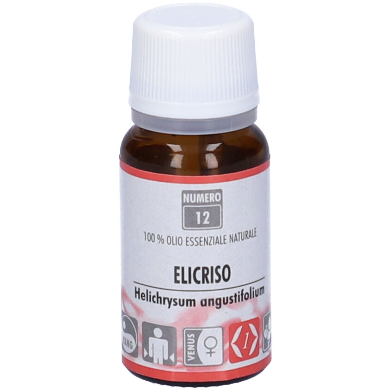 Flacone di vetro marrone con tappo bianco. Etichetta con testo: Elicriso, 100% Olio Essenziale Naturale. Numero 12.