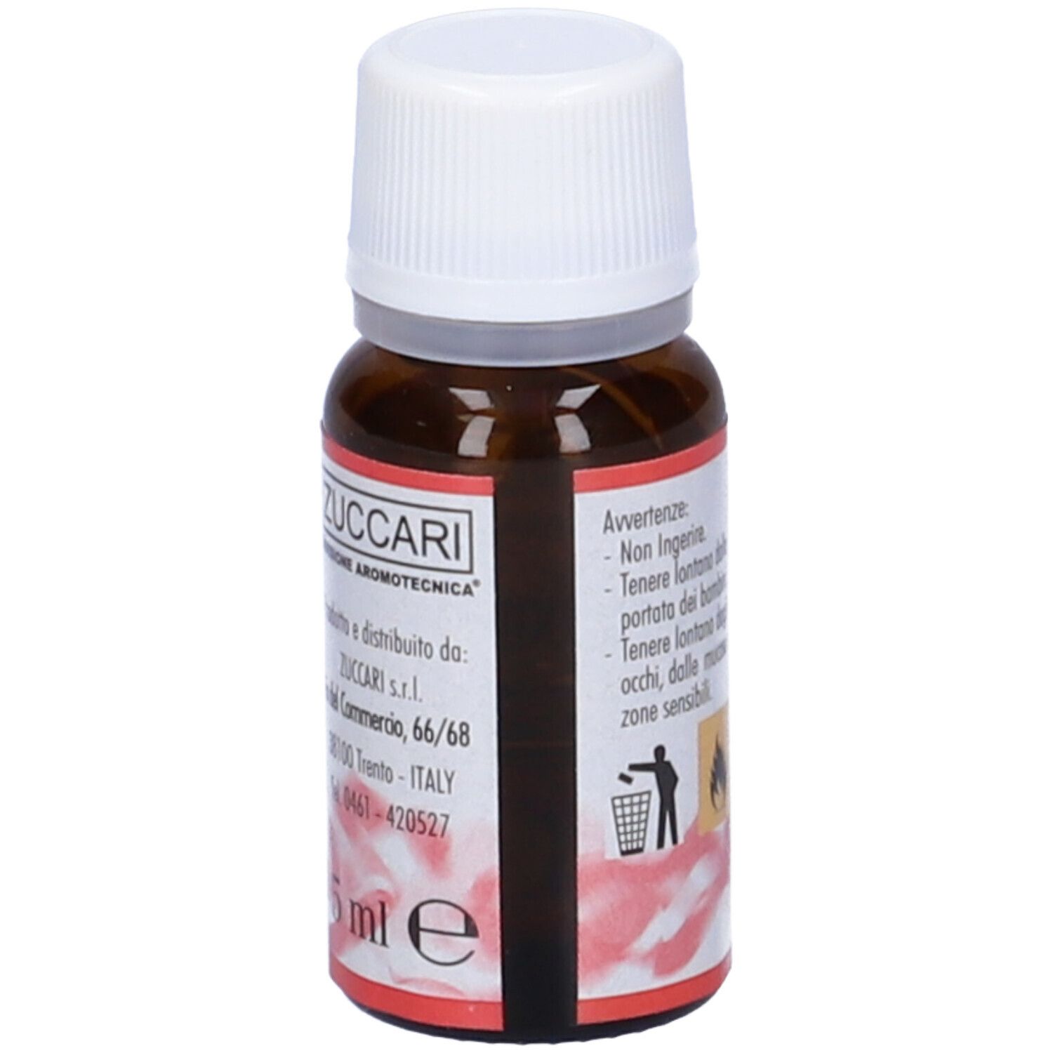 Flacone di vetro marrone con tappo bianco. Etichetta con testo: Zuccari, 5 ml e. Indirizzo e numero di telefono.