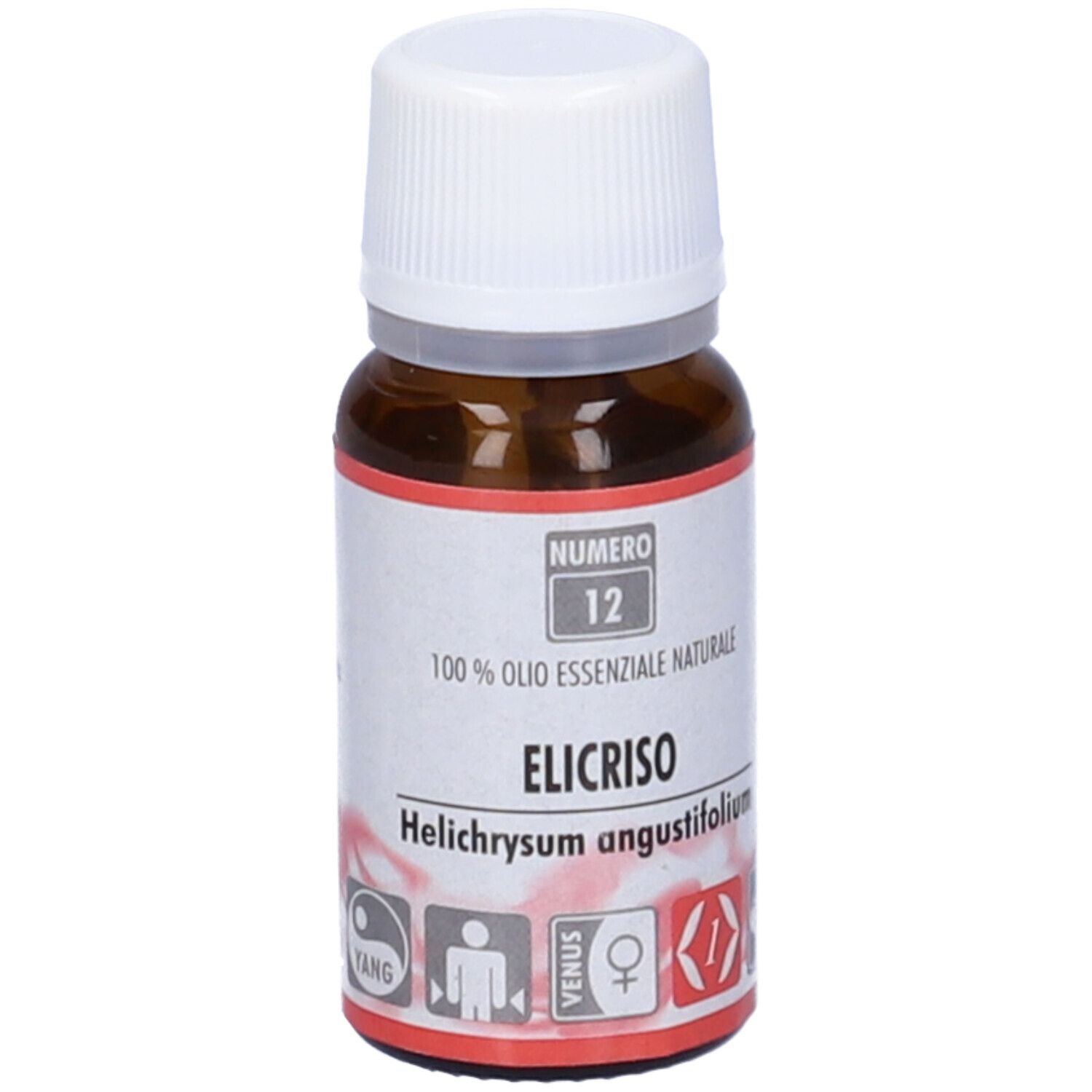 Flacone di vetro marrone con tappo bianco. Etichetta con testo: Elicriso, 100% Olio Essenziale Naturale. Numero 12.
