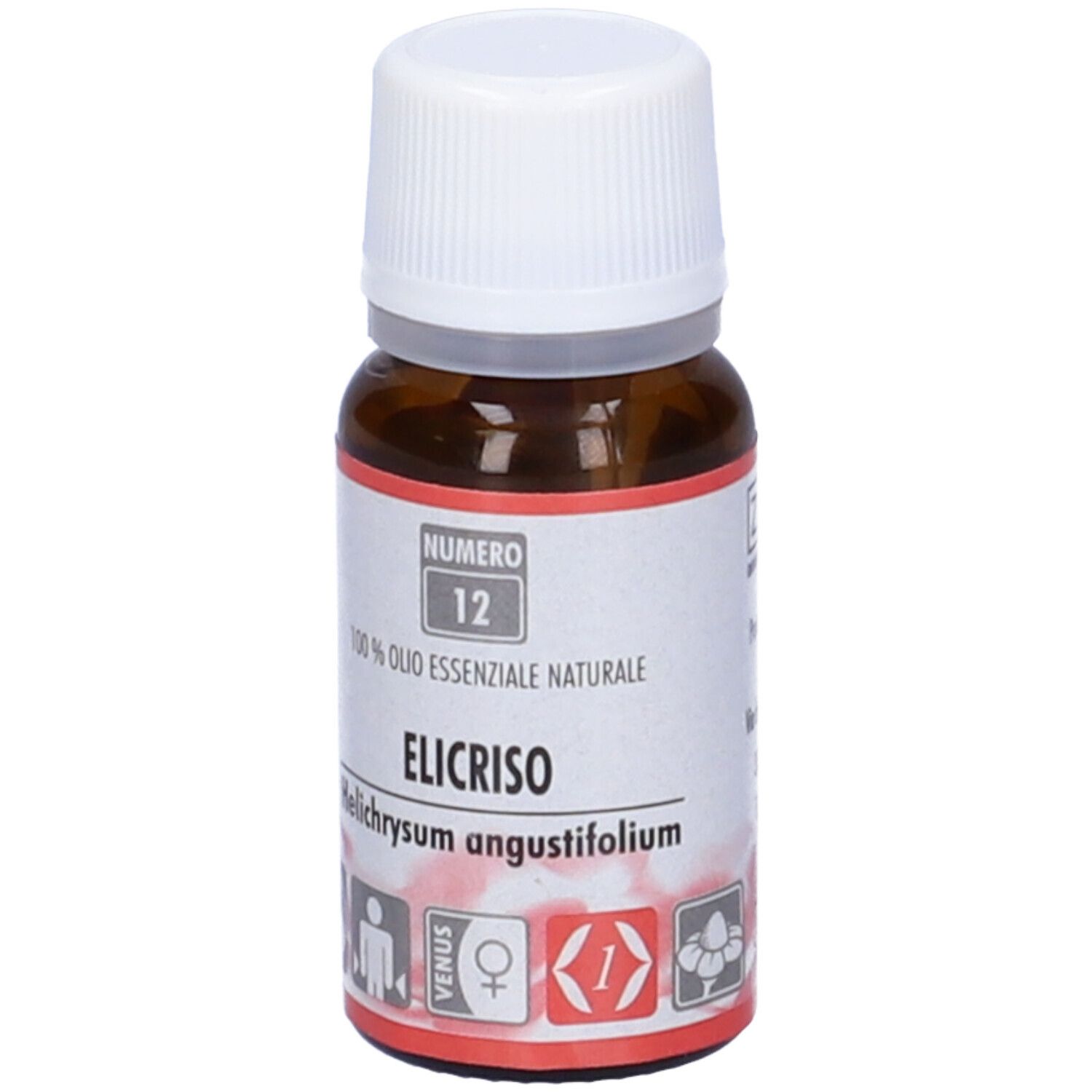 Flacone di vetro marrone con tappo bianco. Etichetta con testo: Elicriso, 100% Olio Essenziale Naturale. Simboli: Venere, uomo, donna.