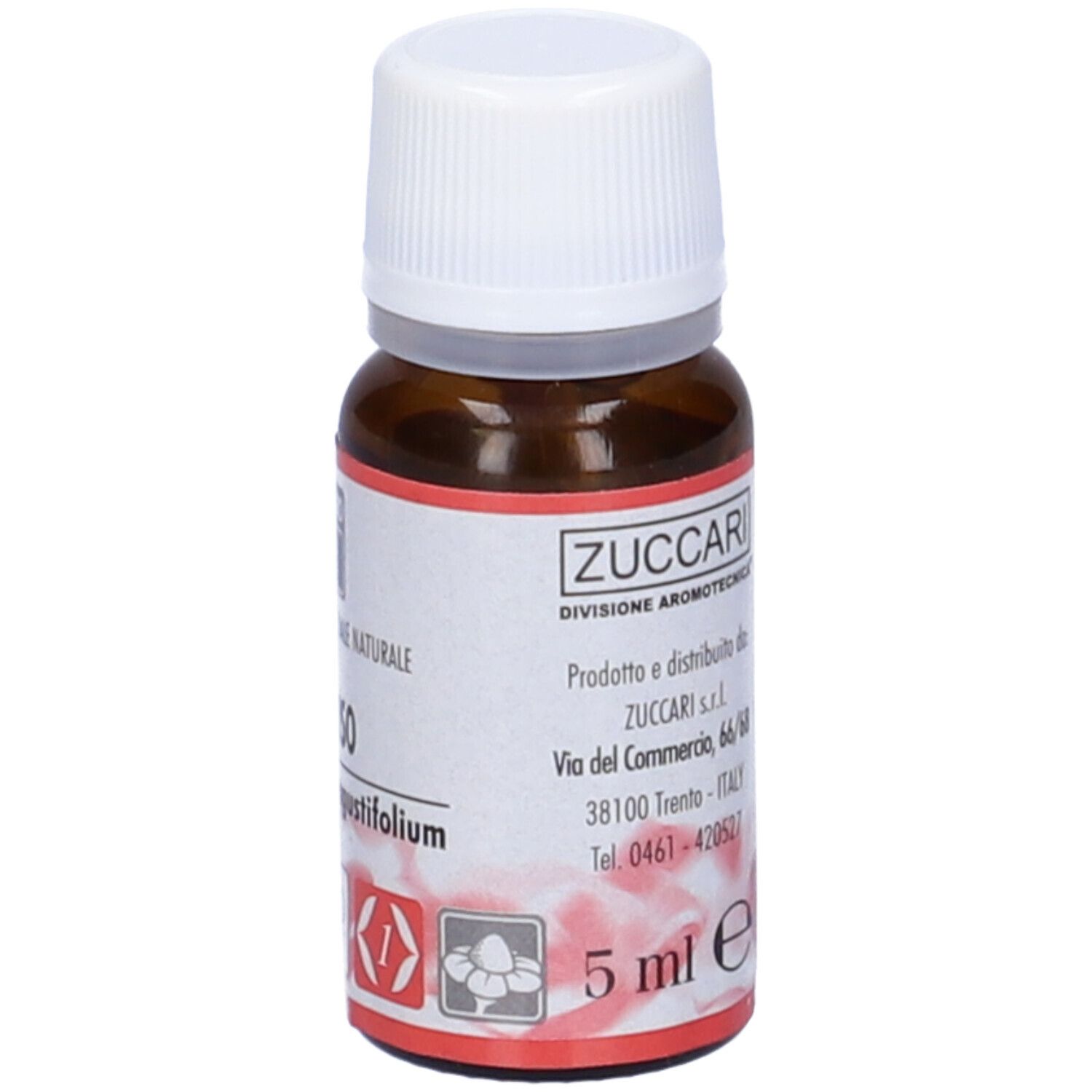 Flacone di vetro marrone con tappo bianco. Etichetta con testo: Zuccari, 5 ml e. Elicriso, 100% Olio Essenziale Naturale.