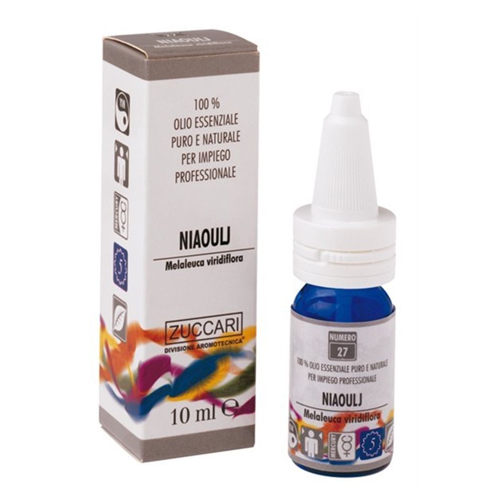 Flacone di olio blu e scatola. Scritta: Niaouli, 100% Olio Essenziale. Marchio Zuccari.