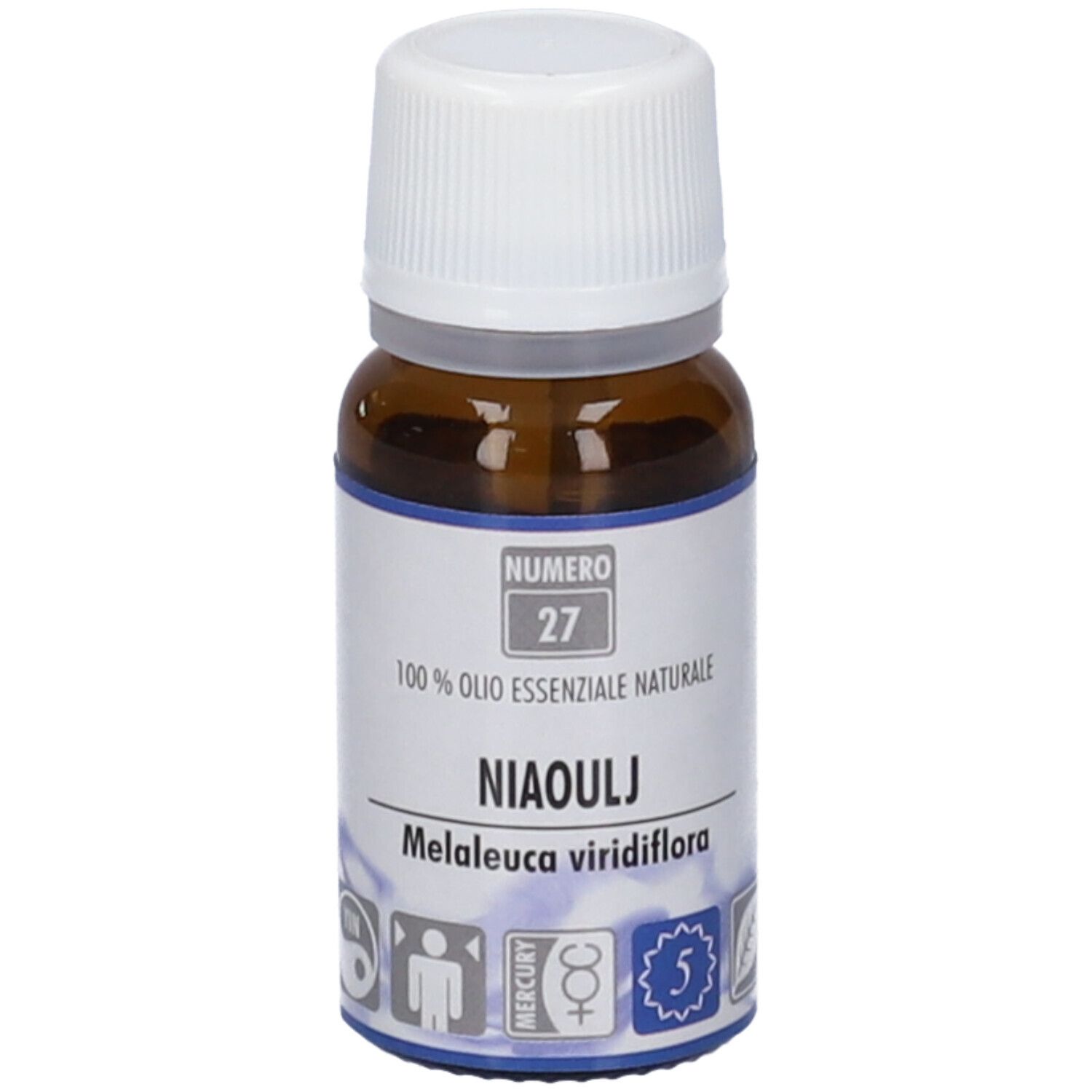 Flacone di vetro marrone con tappo bianco. Scritta: Numero 27, Niaouli, Melaleuca viridiflora.