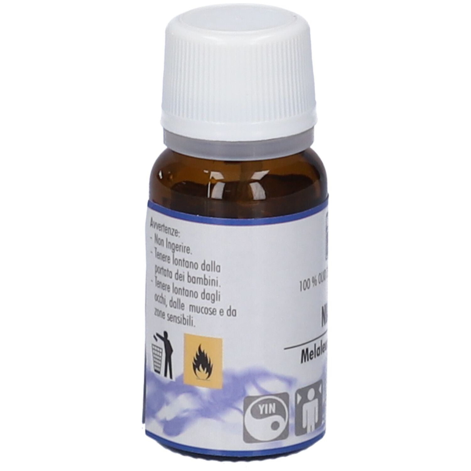 Flacone di vetro marrone con tappo bianco. Scritta: Avvertenze, Niaouli, Melaleuca viridiflora.