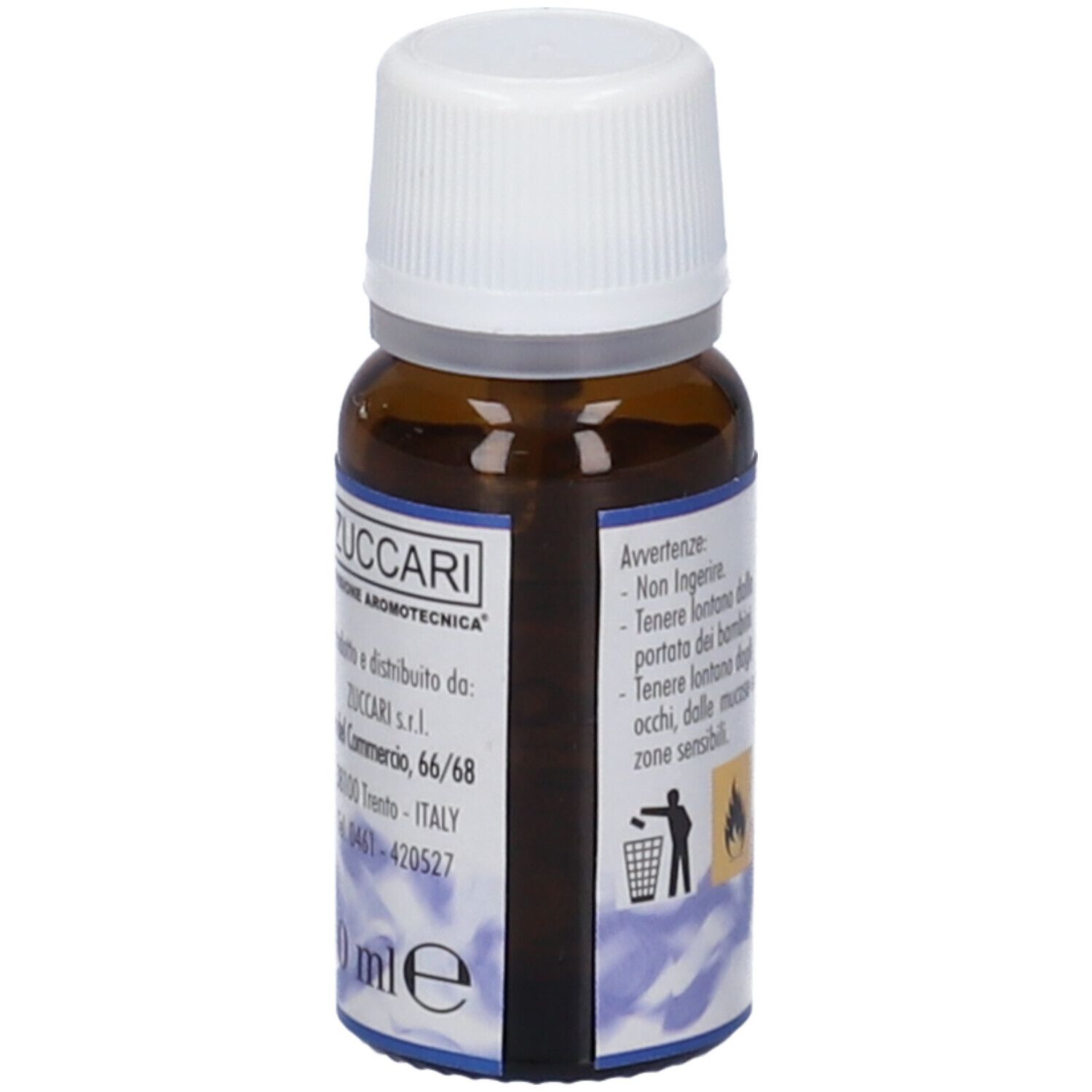 Flacone di vetro marrone con tappo bianco. Scritta: Zuccari, 10 ml, Avvertenze.