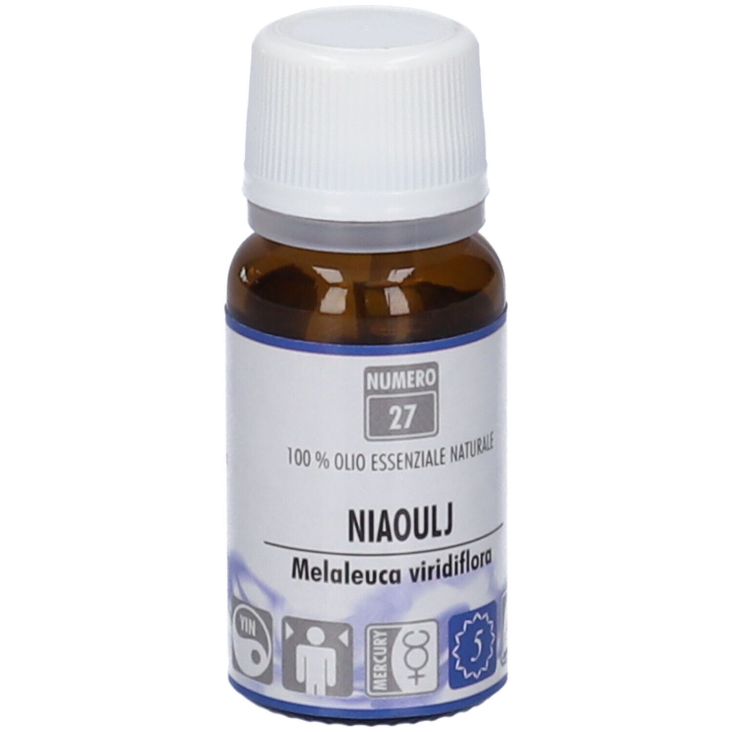 Flacone di vetro marrone con tappo bianco. Scritta: Numero 27, Niaouli, Melaleuca viridiflora.