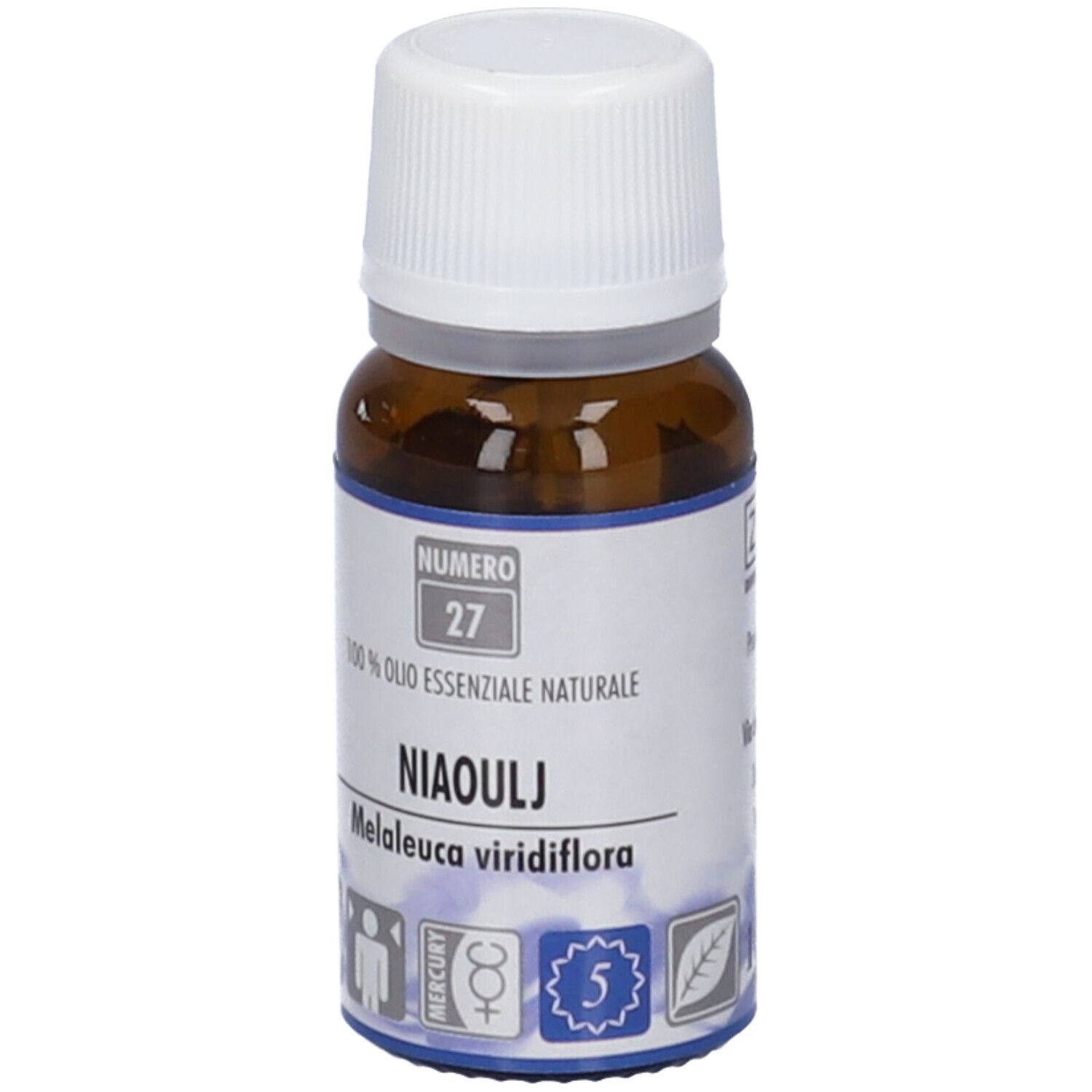 Flacone di vetro marrone con tappo bianco. Scritta: Numero 27, Niaouli, Melaleuca viridiflora.