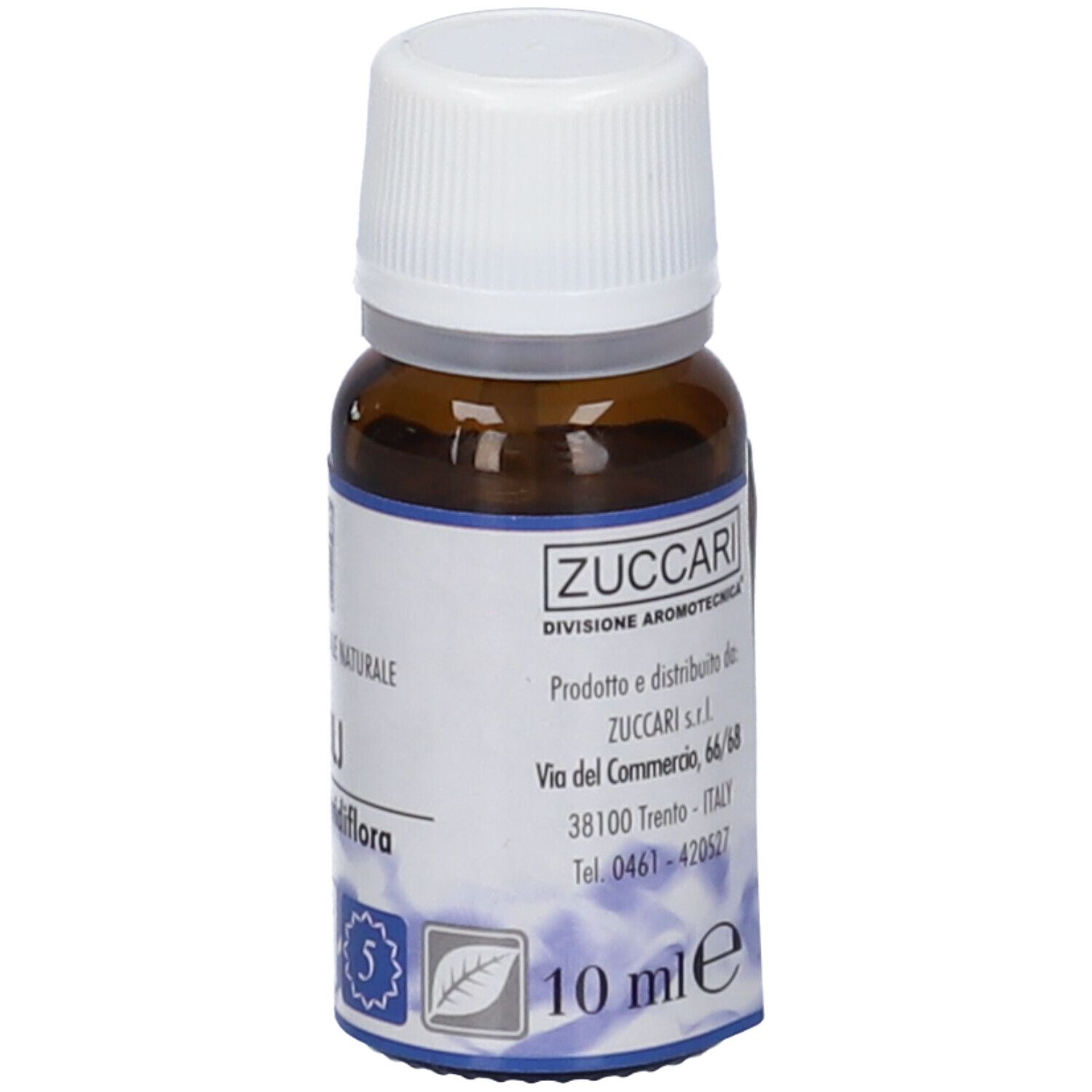 Flacone di vetro marrone con tappo bianco. Scritta: Zuccari, 10 ml, Niaouli, Melaleuca viridiflora.