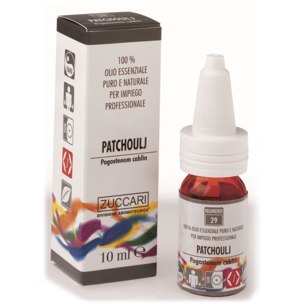 Flacone di vetro marrone con tappo bianco ed etichetta. Scritta: Patchouli, 100% Olio Essenziale. Con confezione.