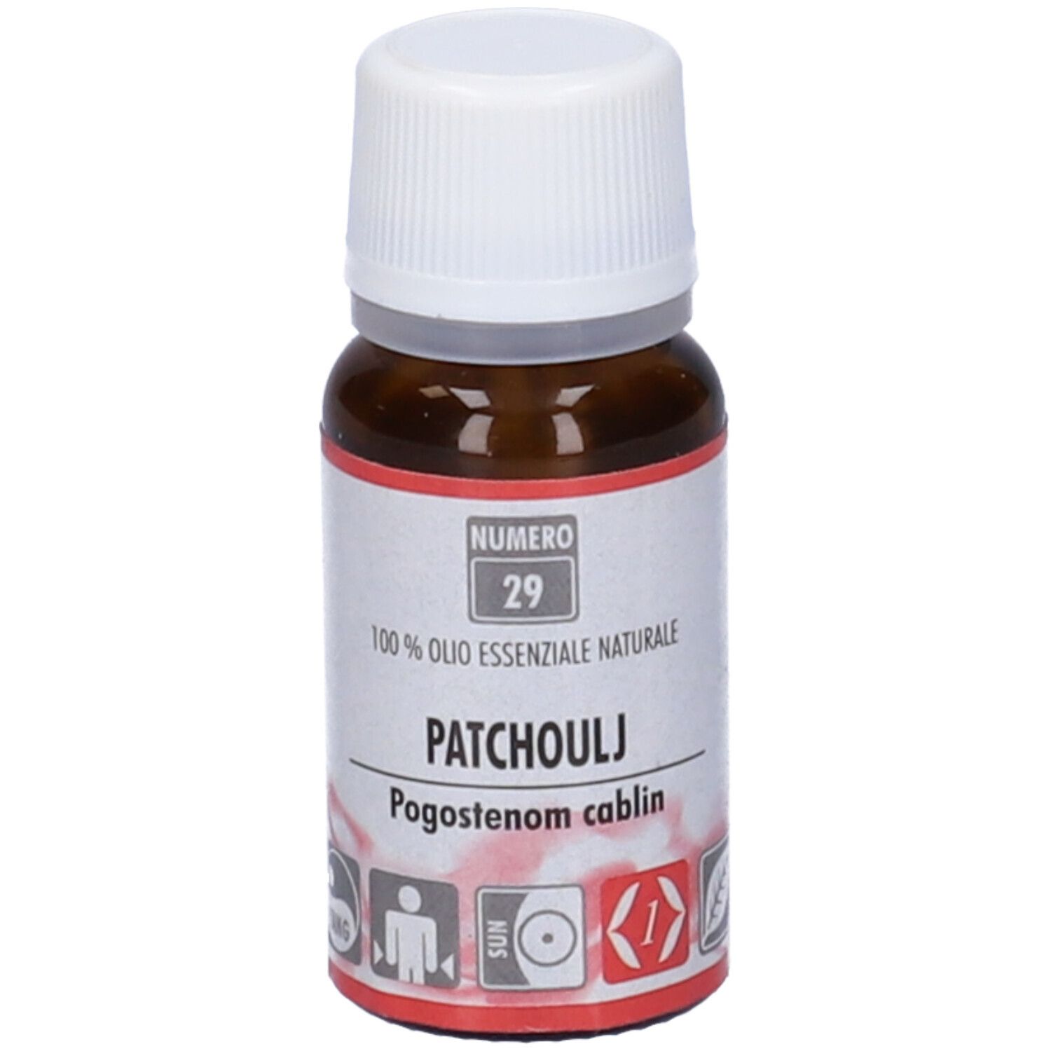 Flacone di vetro marrone con tappo bianco ed etichetta. Scritta: Patchouli, 100% Olio Essenziale. Numero 29.
