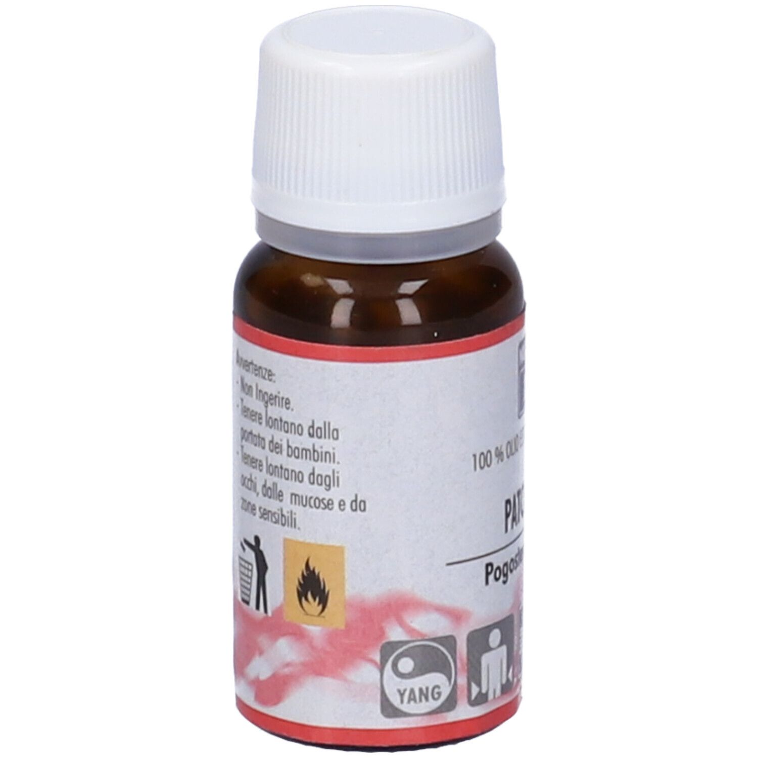 Flacone di vetro marrone con tappo bianco ed etichetta. Scritta: Patchouli, 100% Olio Essenziale. Avvertenze.