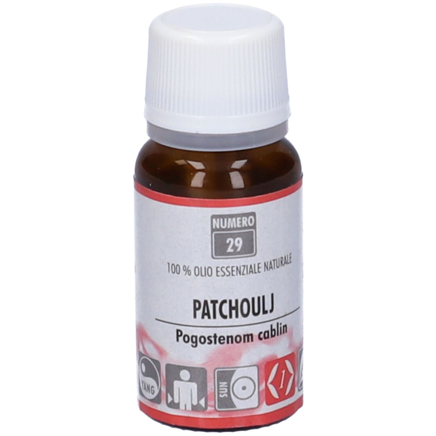 Flacone di vetro marrone con tappo bianco ed etichetta. Scritta: Patchouli, 100% Olio Essenziale. Numero 29.