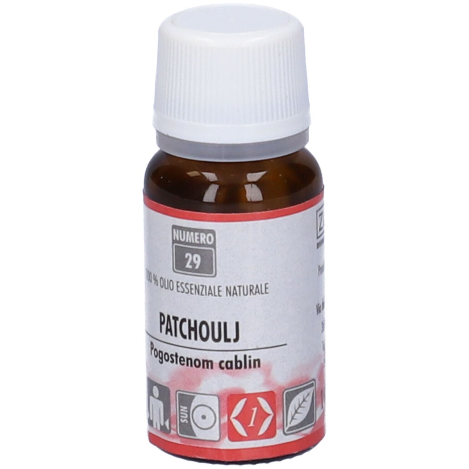 Flacone di vetro marrone con tappo bianco ed etichetta. Scritta: Patchouli, 100% Olio Essenziale. Numero 29.