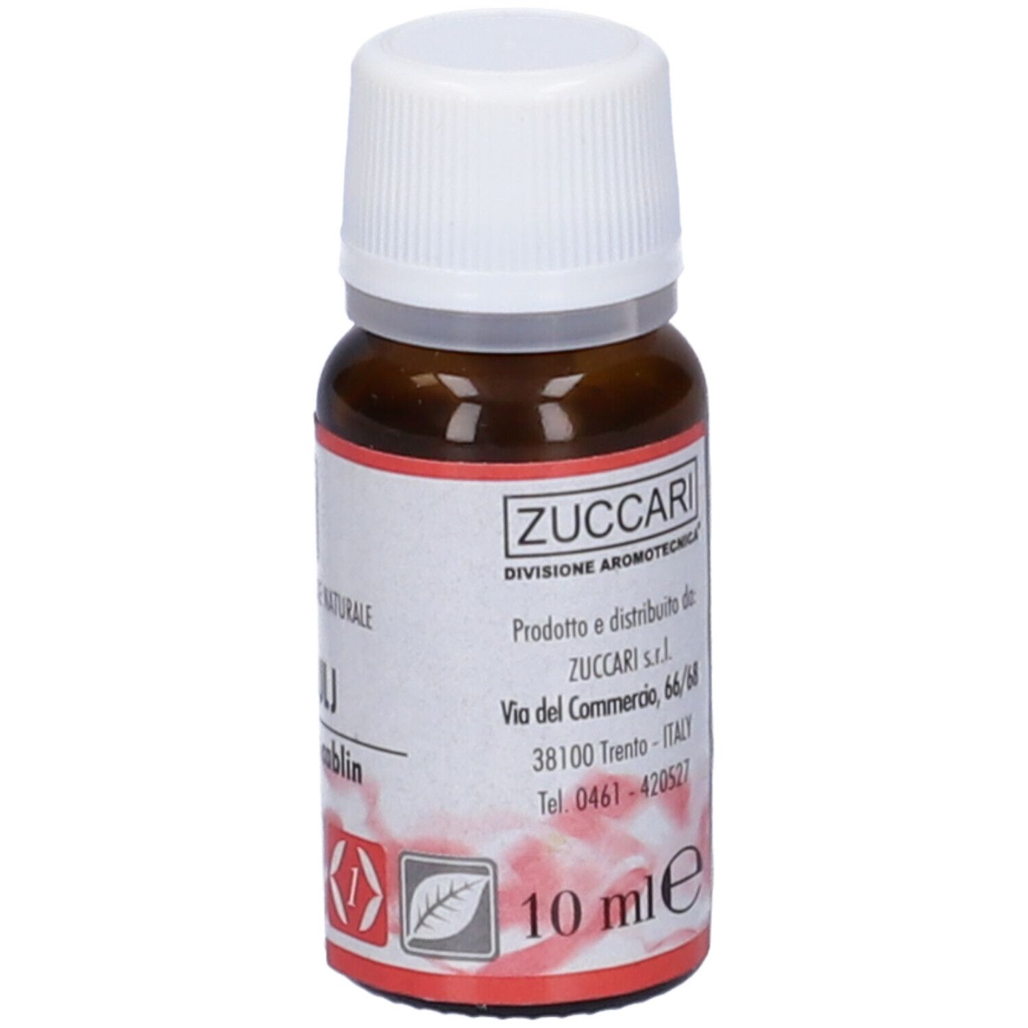 Flacone di vetro marrone con tappo bianco ed etichetta. Scritta: Patchouli, 100% Olio Essenziale. 10 ml.