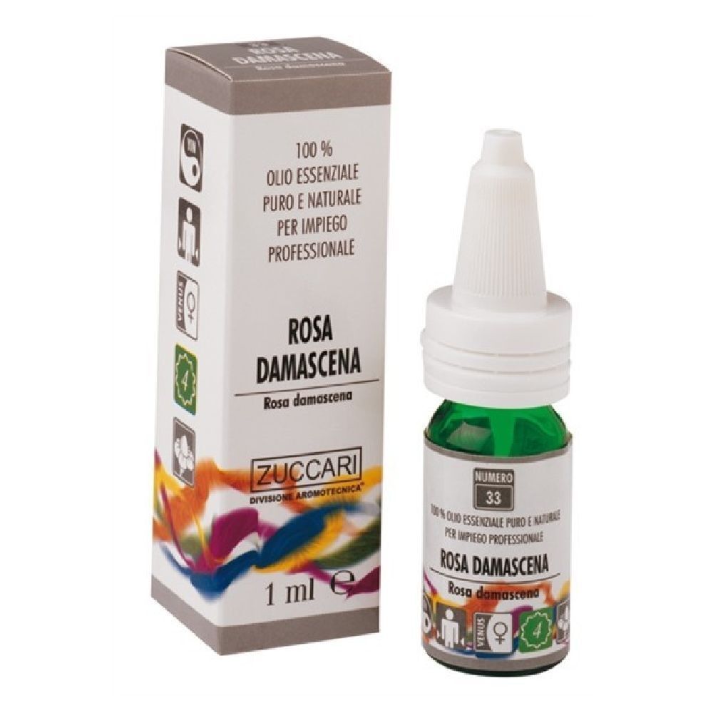Flacone con contagocce e scatola. Scritta: Rosa Damascena. Marchio: Zuccari. Contenuto: 1 ml.